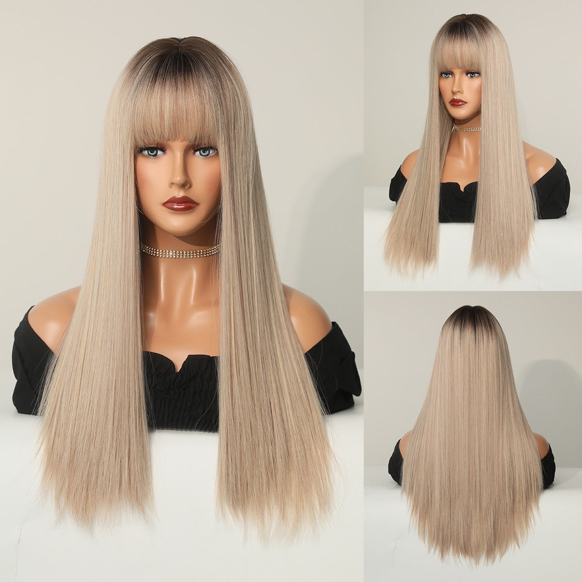 Bangs Female Hair Champagne Golden Chemical Long Straight Wig