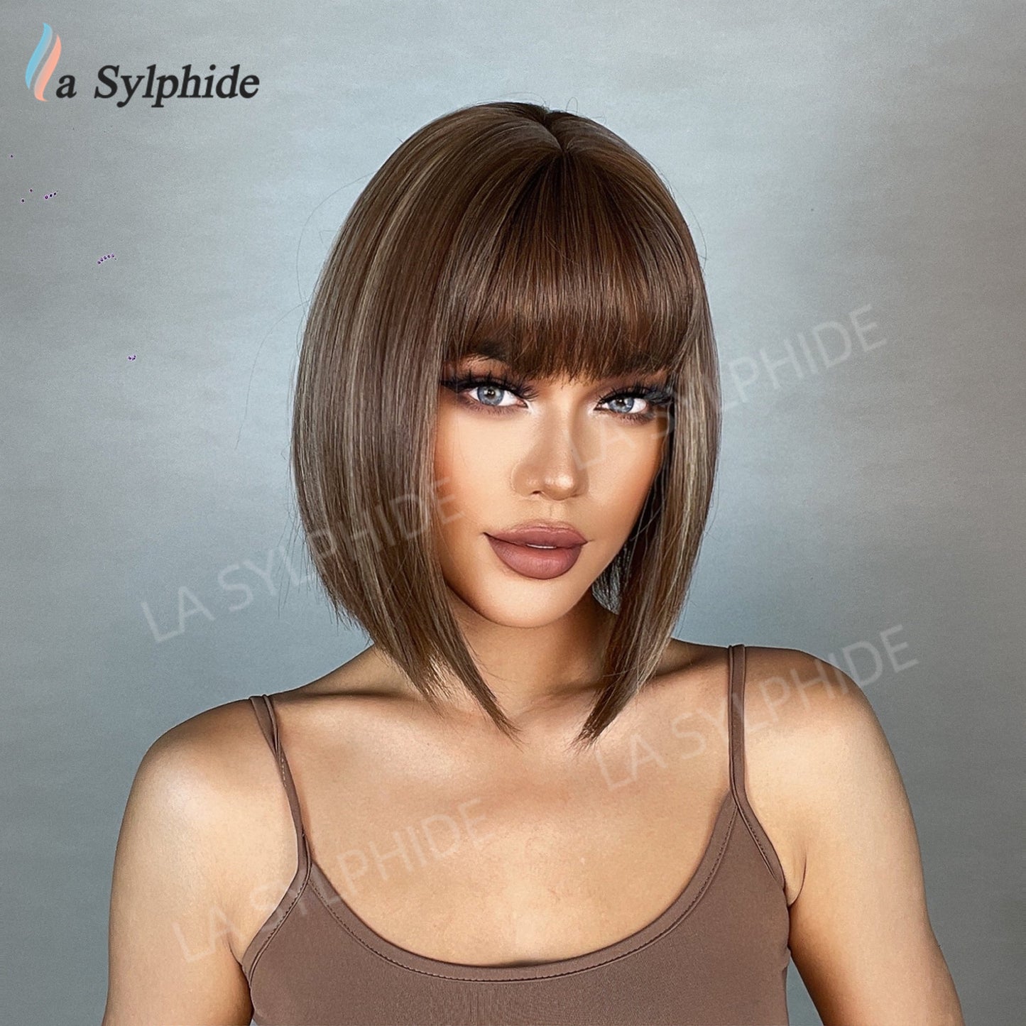 Women's Bangs Brown Gradient Sier Head Daily Wig Short Straight Hair