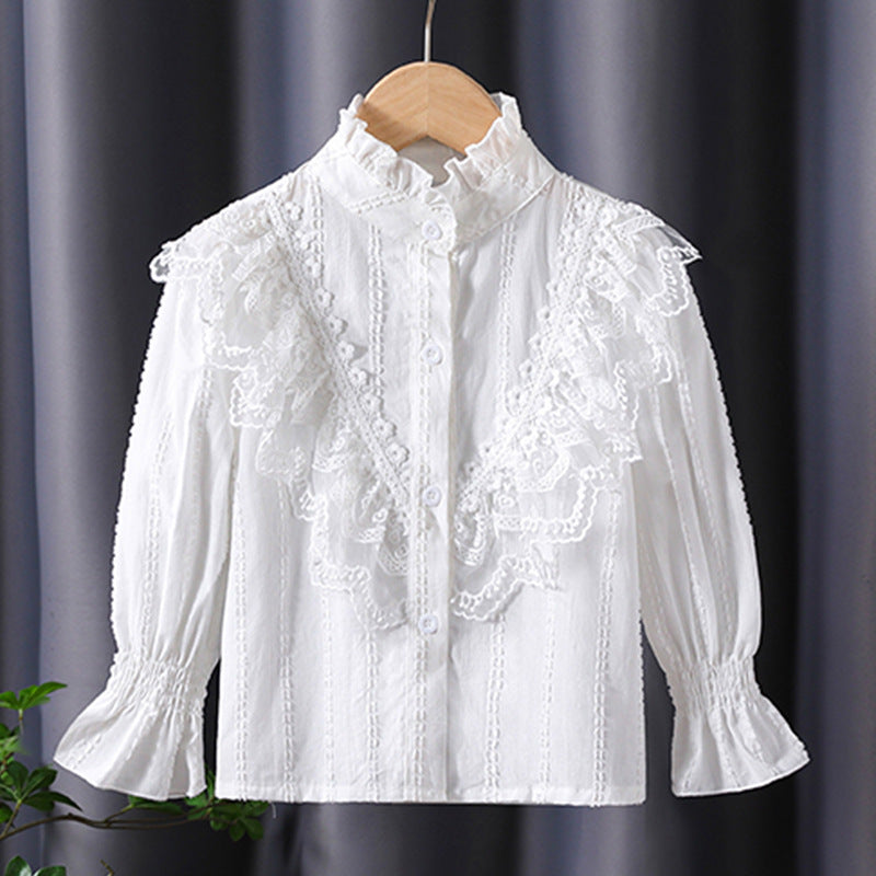 Children's Long-sleeved Fashionable Cotton Lace Stand Collar Princess Children's Shirt