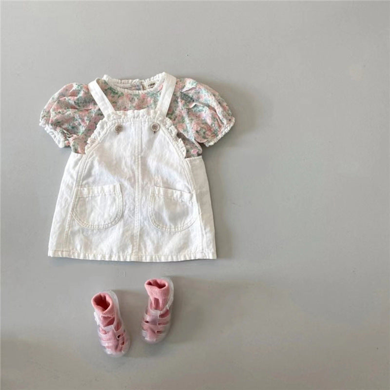 Children's Korean Style Clothing Summer Cotton Denim Suspender Skirt Floral Short Children's Suit