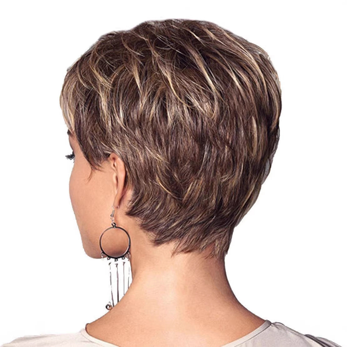 Women's Fashion Brown Pick Gold One Piece Wig Short Straight Hair