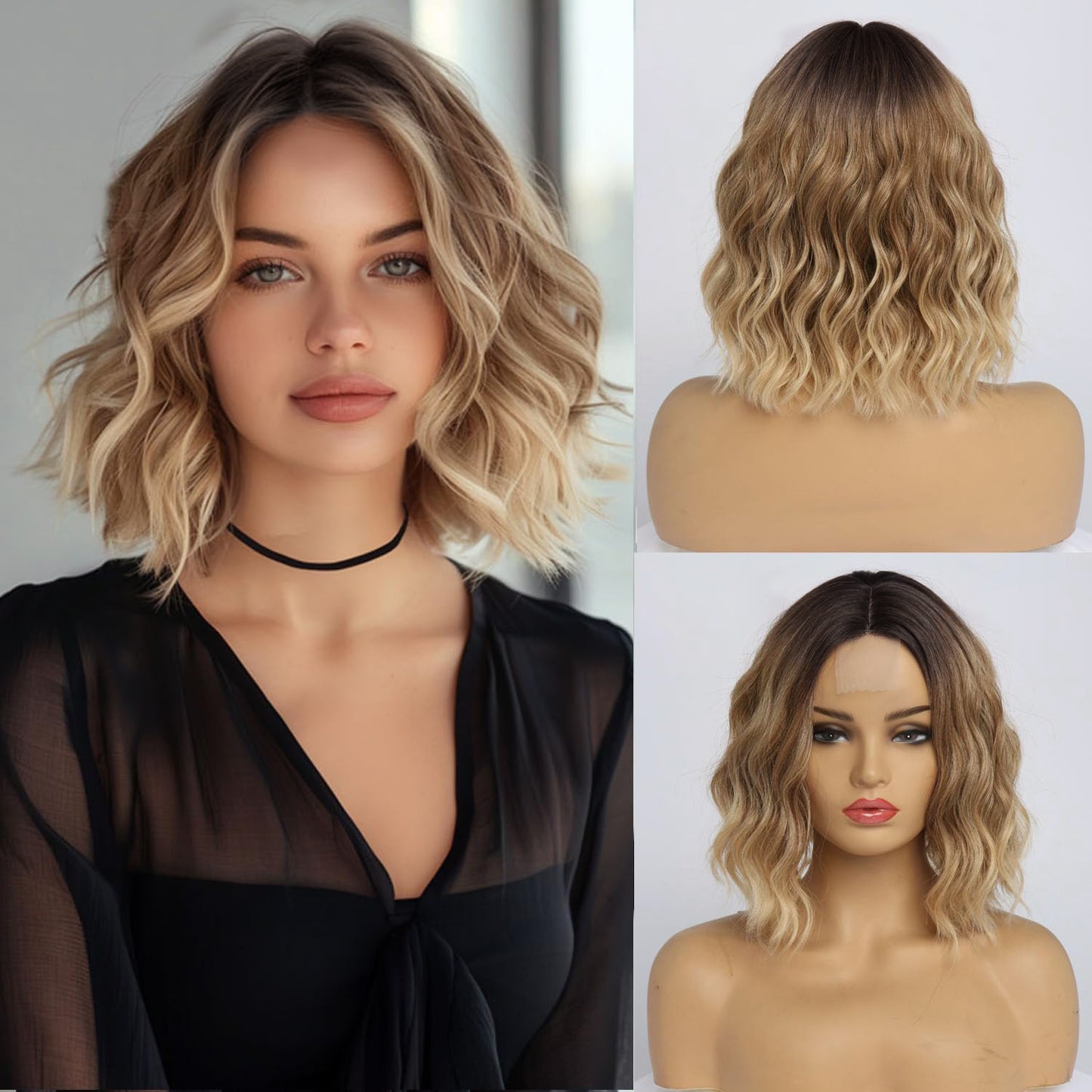 Women's Front Lace Dyed Water Ripple Synthetic Wig Short Curly Hair