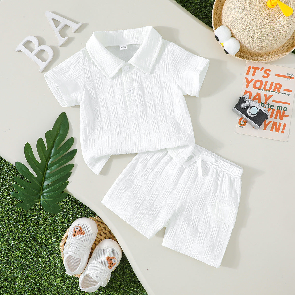 Boy Jacquard Short Sleeve Polo Collar Top Shorts Summer Daily Children's Suit