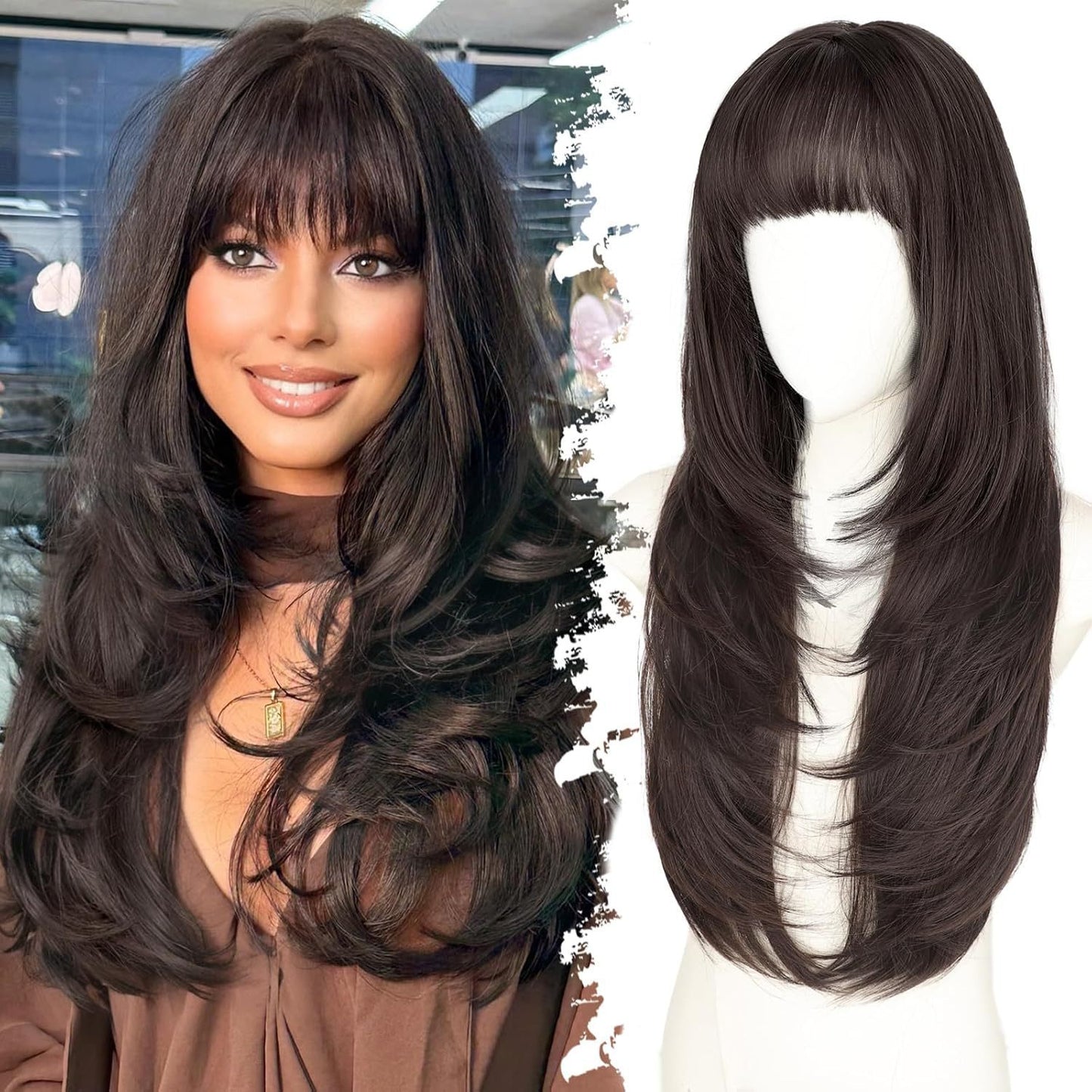 Female Straight Bangs Layered Hair Scalp Synthetic Wig Long Curls