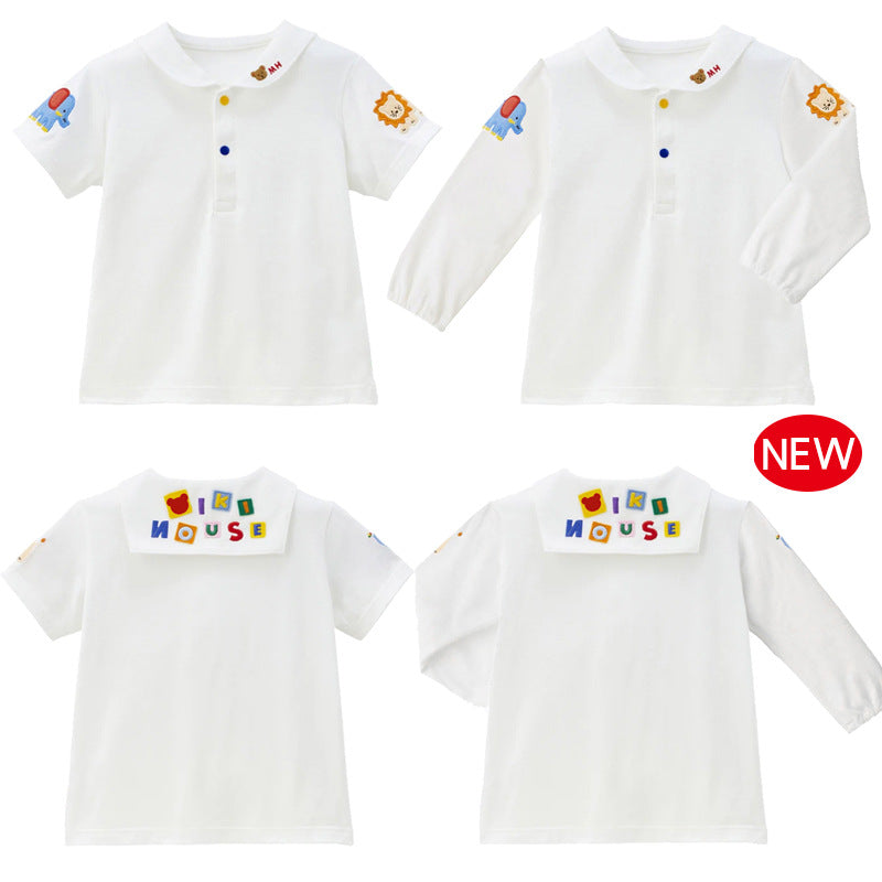 Cartoon Bear Color Letter Embroidery Sailor Collar Short Sleeve Long Children's Shirt