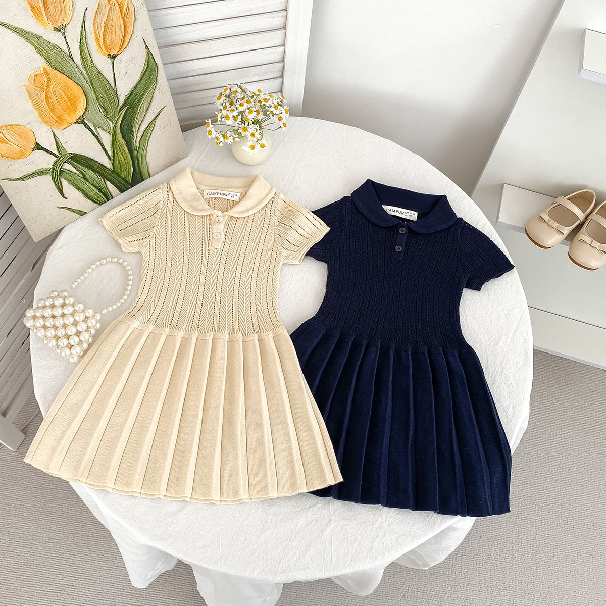 Preppy Style Lapel Ingot Collar Knitted Children's Dress