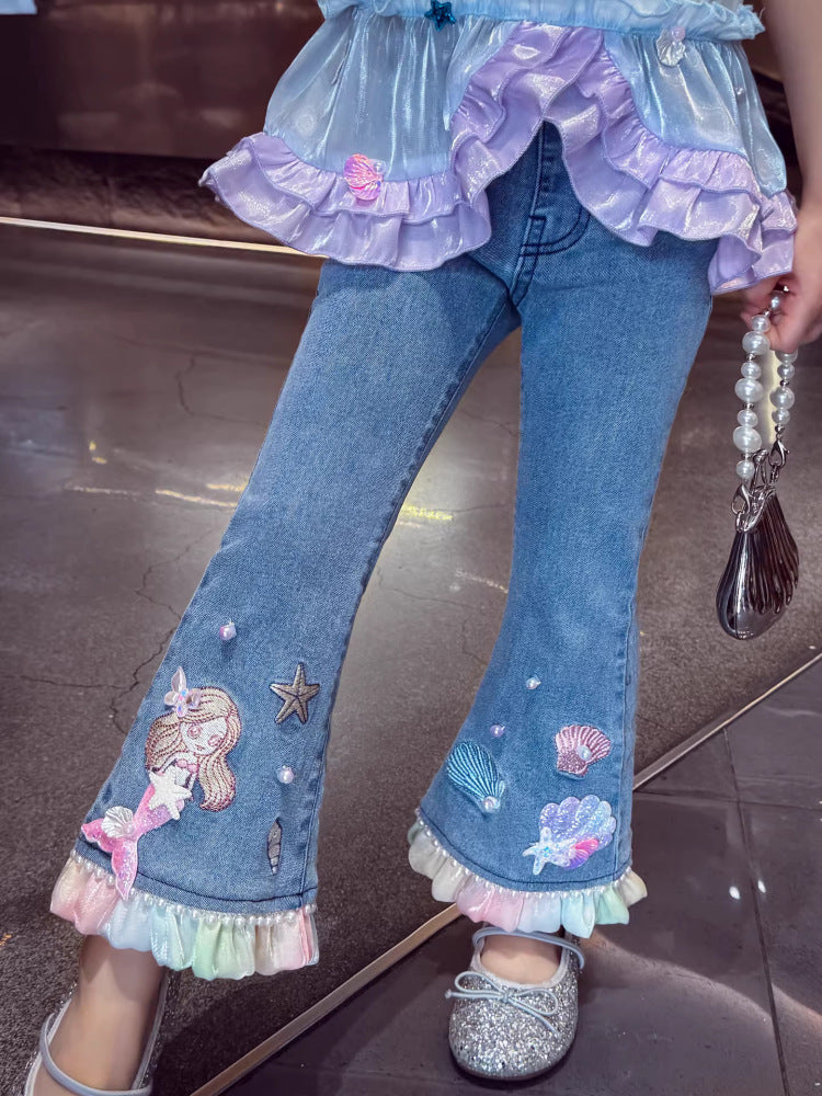 Children's Jeans Fashionable Bell-bottom Cartoon Mermaid Trousers Children's Pants