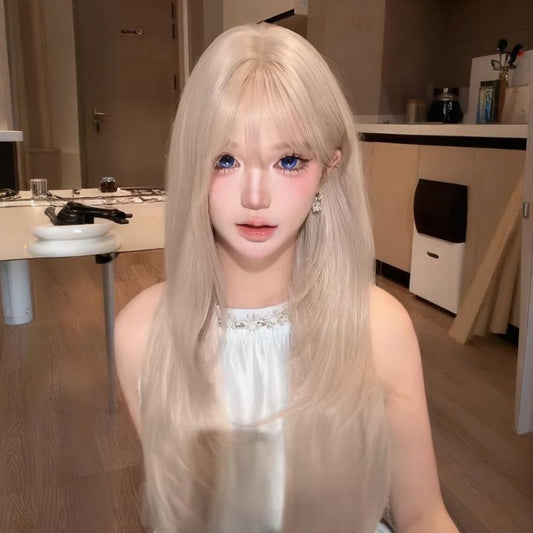 Women's Coney Milk Tea White Gold Color Bangs Long Straight Wig