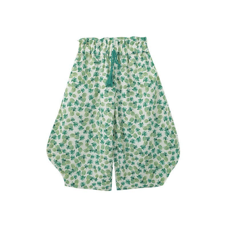 Woven Summer Thin Vintage Floral Ankle Banded Cute Children's Pants