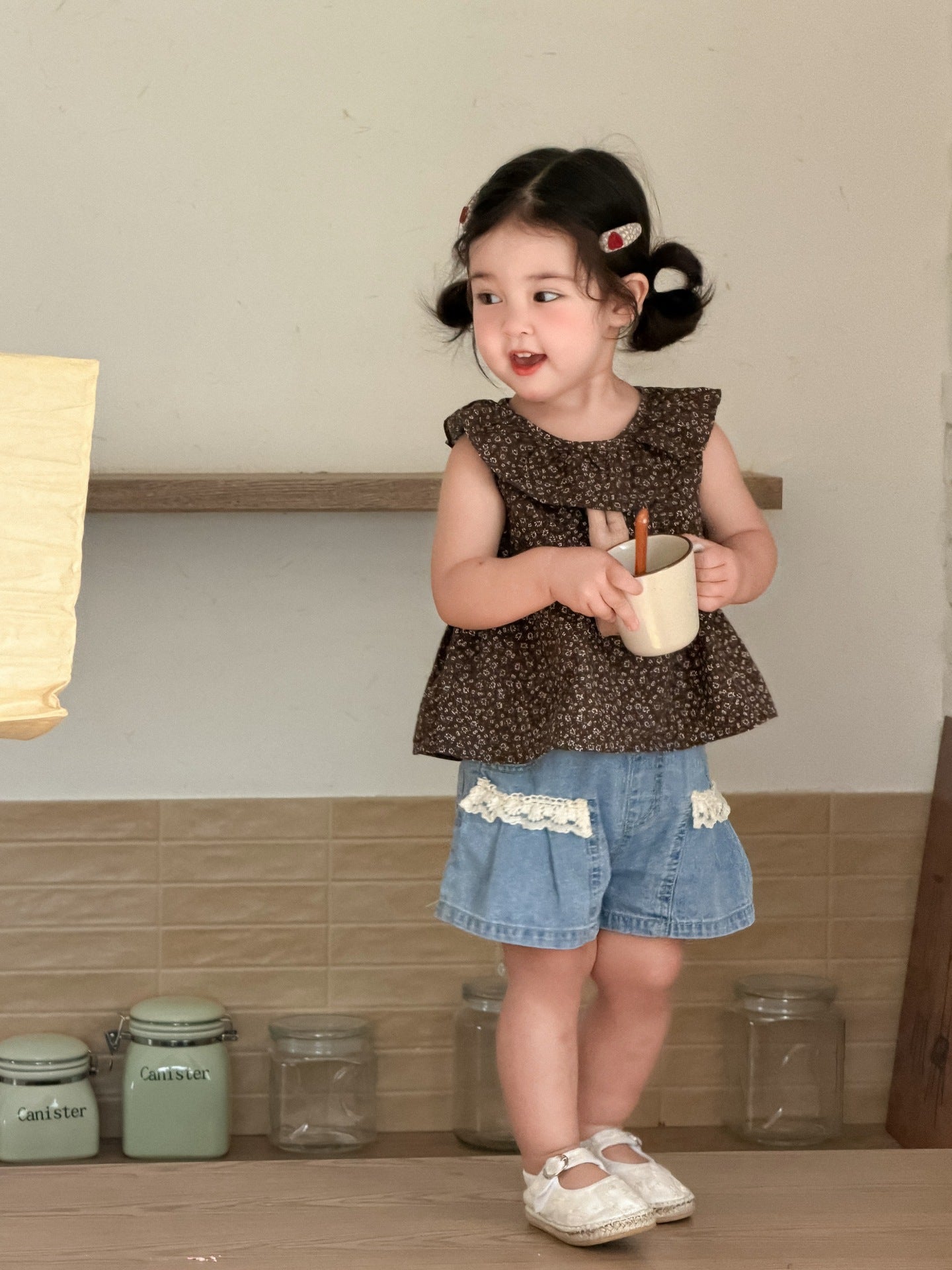 Children's Floral Doll Shirt Denim Shorts Korean Children's Suit
