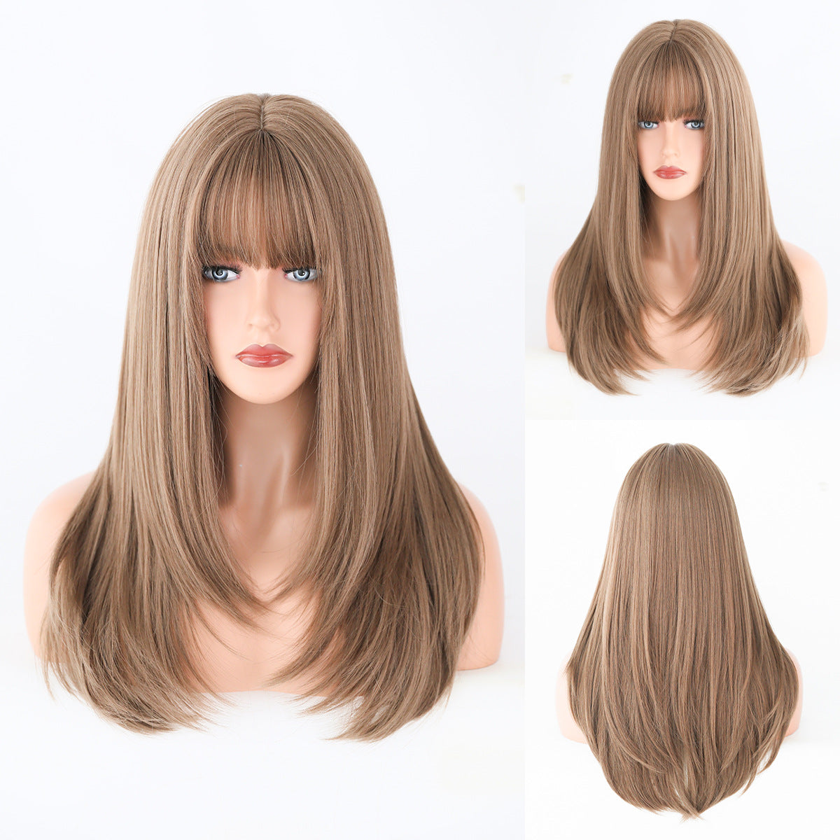 High Level Female Air Bangs Hair Brown Daily Fluffy Quality Long Straight Wig