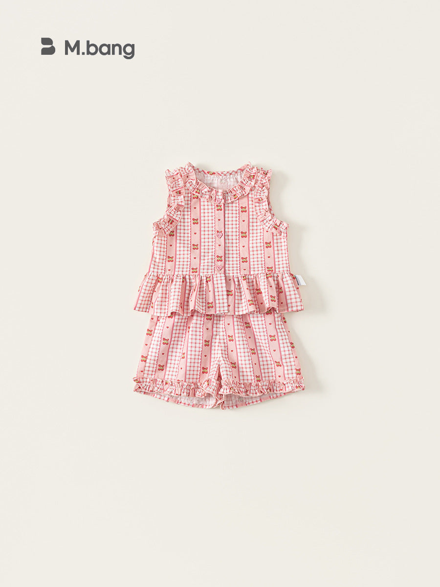 Women's & Children's Clothing Plaid Two-piece Sleeveless Top Sweet Lace Shorts Children's Suit