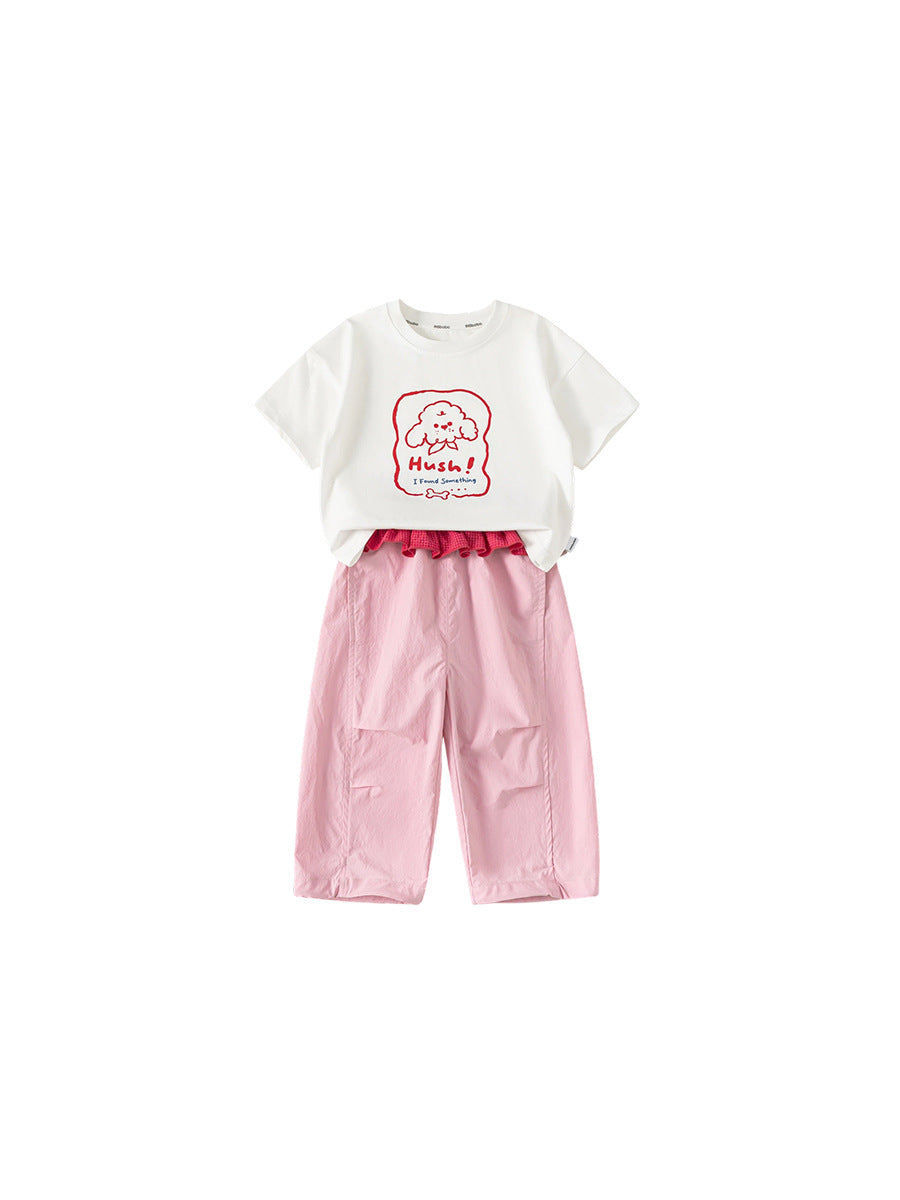 Children's Woven Clothing White T-shirt Pink Pants Two-piece Casual Wear Children's Suit