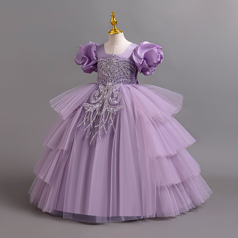 Children's Irregular Puff Sleeve Princess Flower Wedding Performance Level Cake Children's Dress