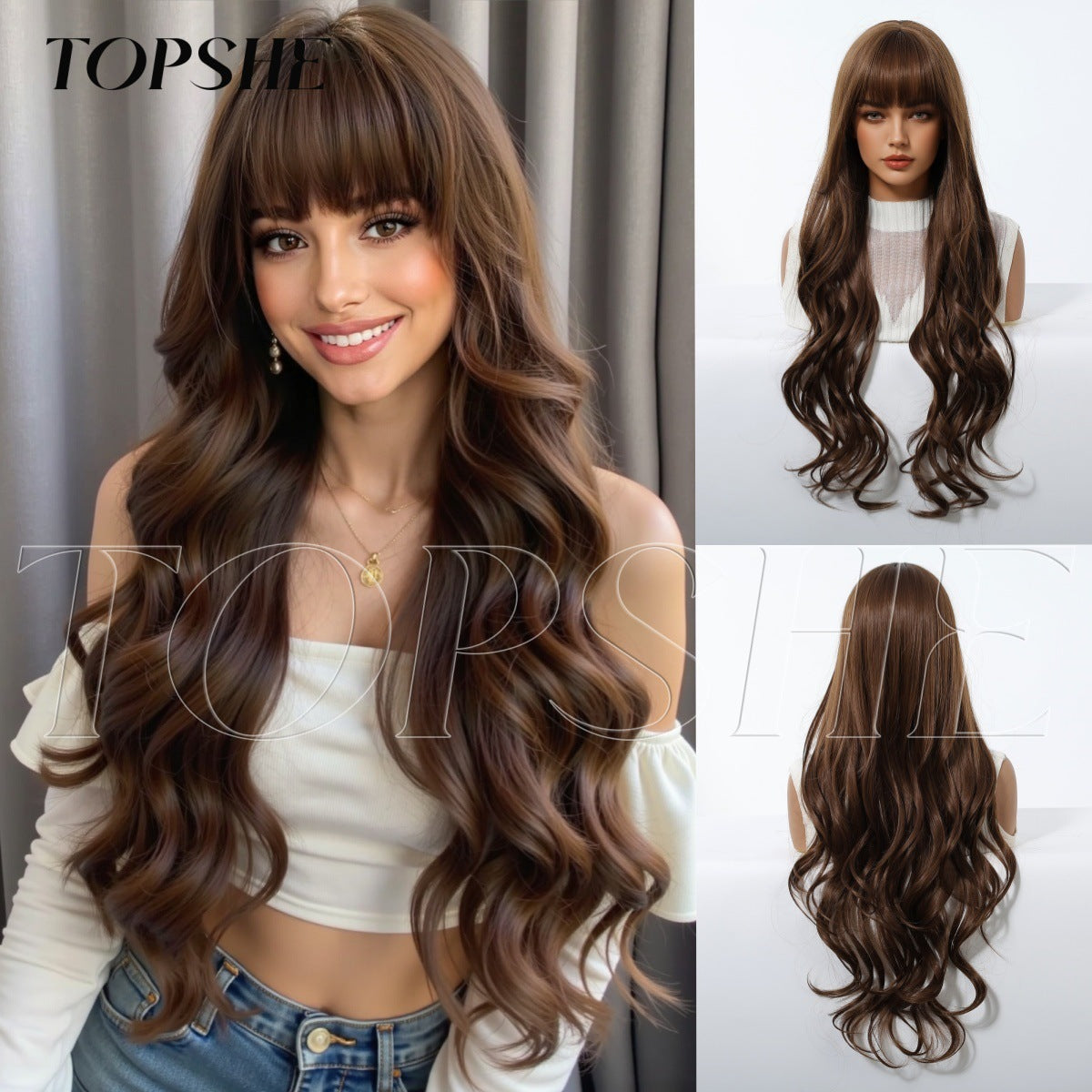 Dyed Brown Straight Bangs Big Wave Curly Wig Long Curls