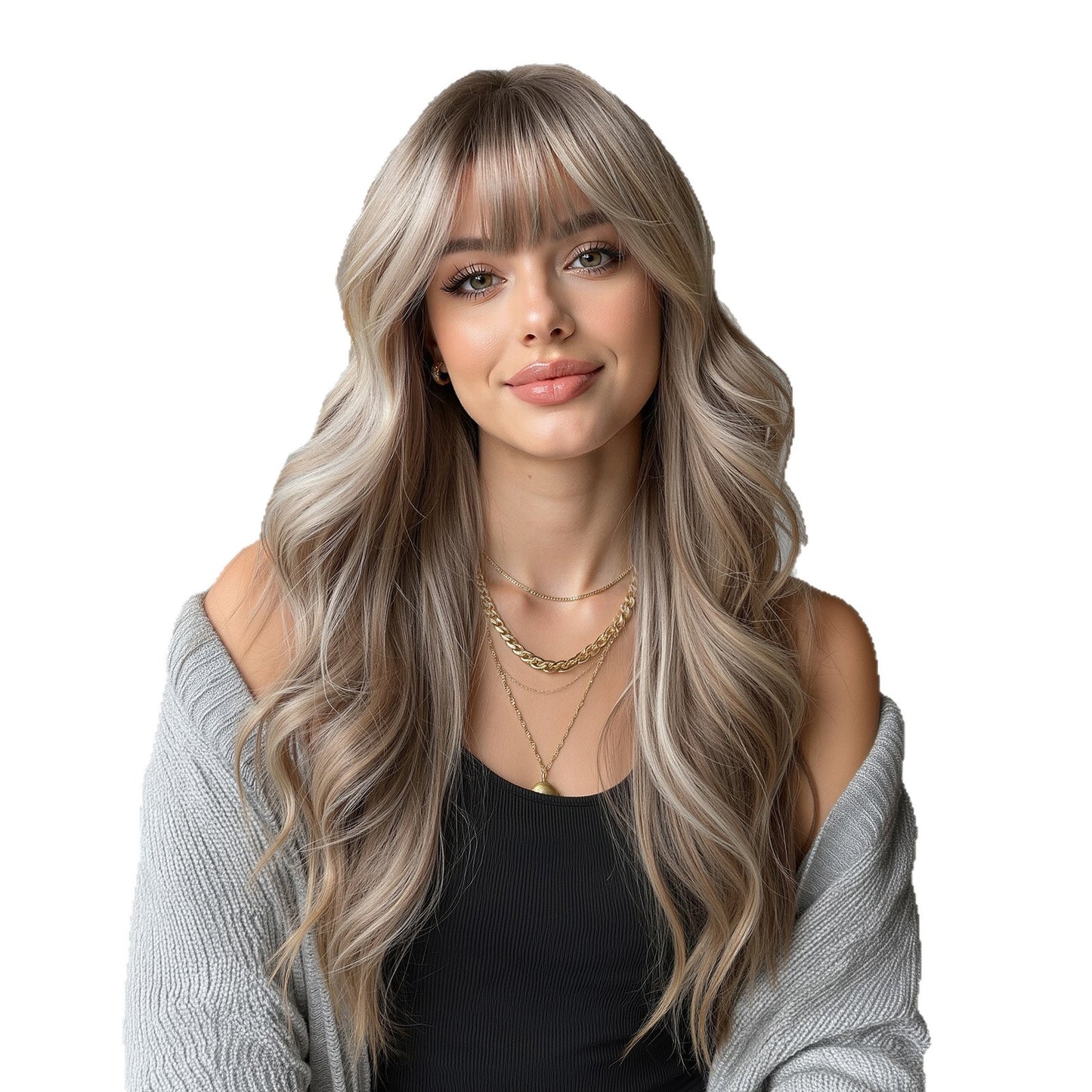 Gradient Gray Gold Curly Air Bangs Wig Long Curls