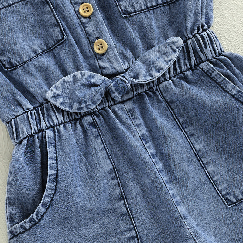 Summer Jumpsuit Denim Short-sleeved Lapel Jeans Children's Pants
