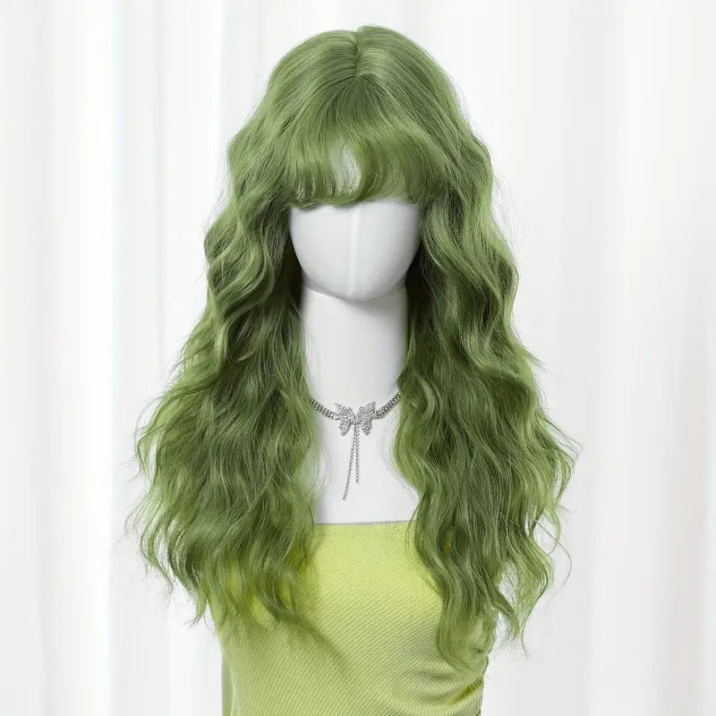 Women's Grass Green Small Bangs Water Ripple Curly Wig Long Curls