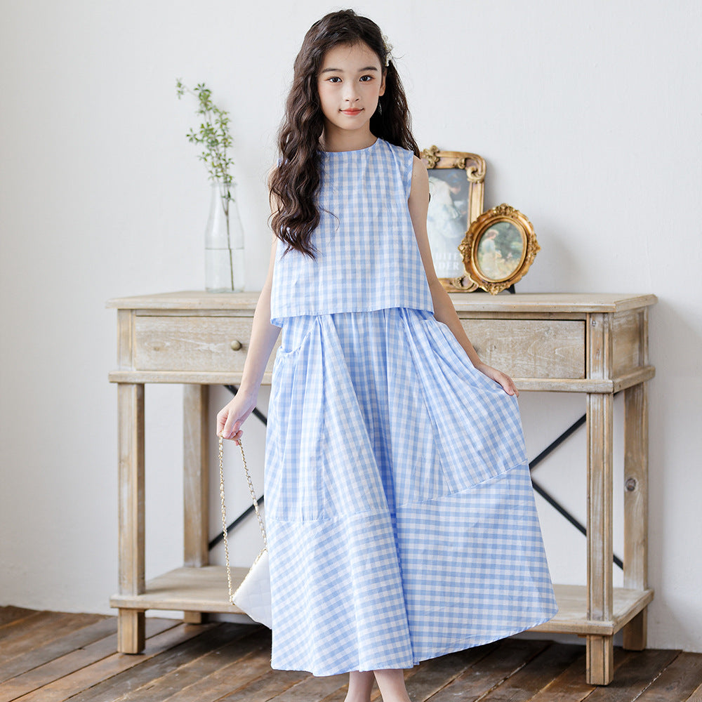 Summer Set Medium Large Sweet Blue White Plaid Suit Skirt Children's Dress