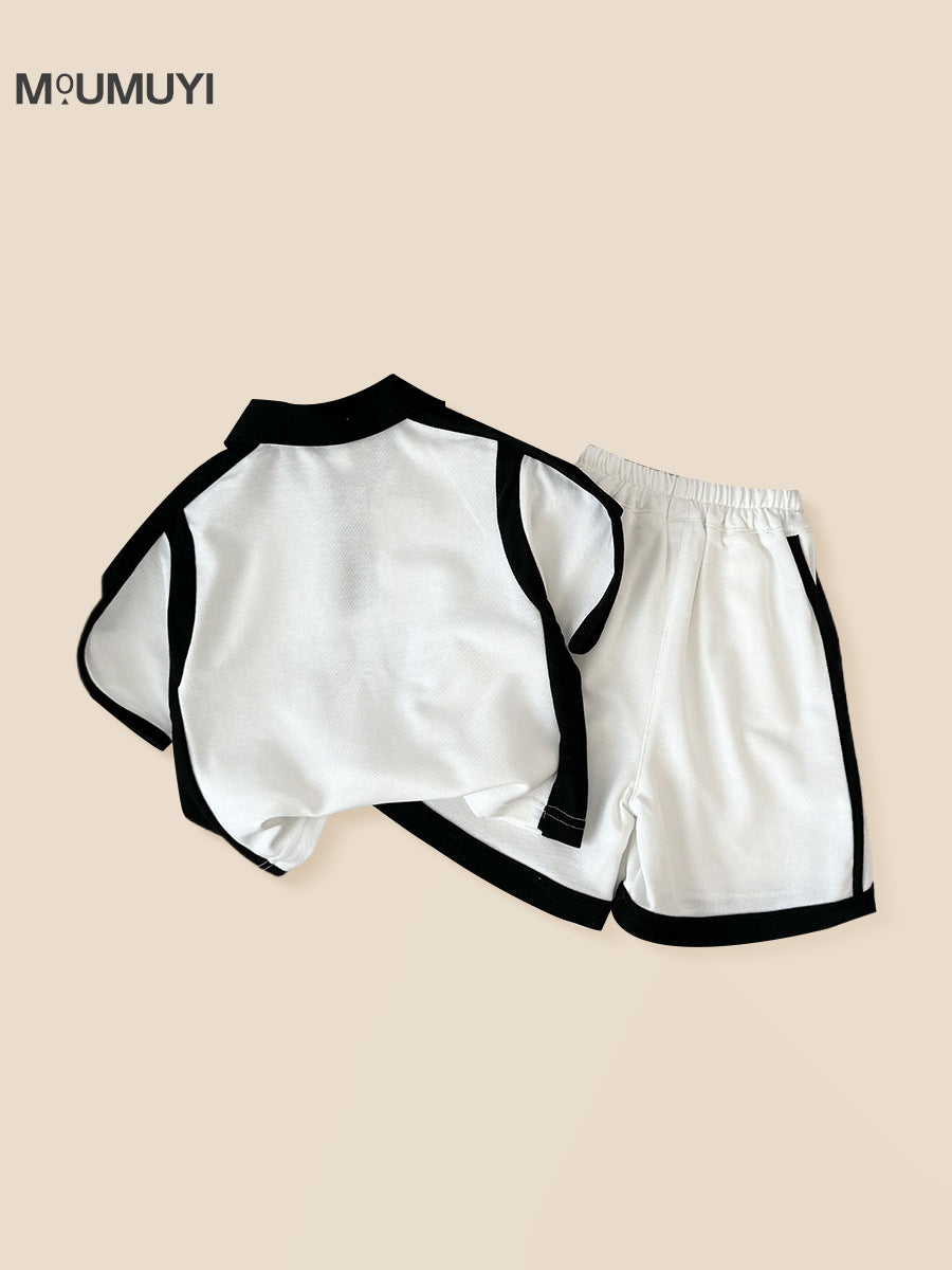 Style Trendy Stitching Contrast Color Short Sleeve Loose Shorts Two-piece Children's Suit