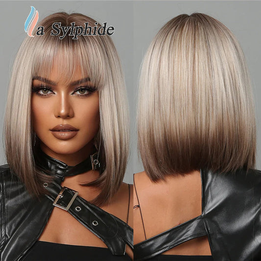Women's Bangs Brown Gradient Sier Head Daily Wig Short Straight Hair