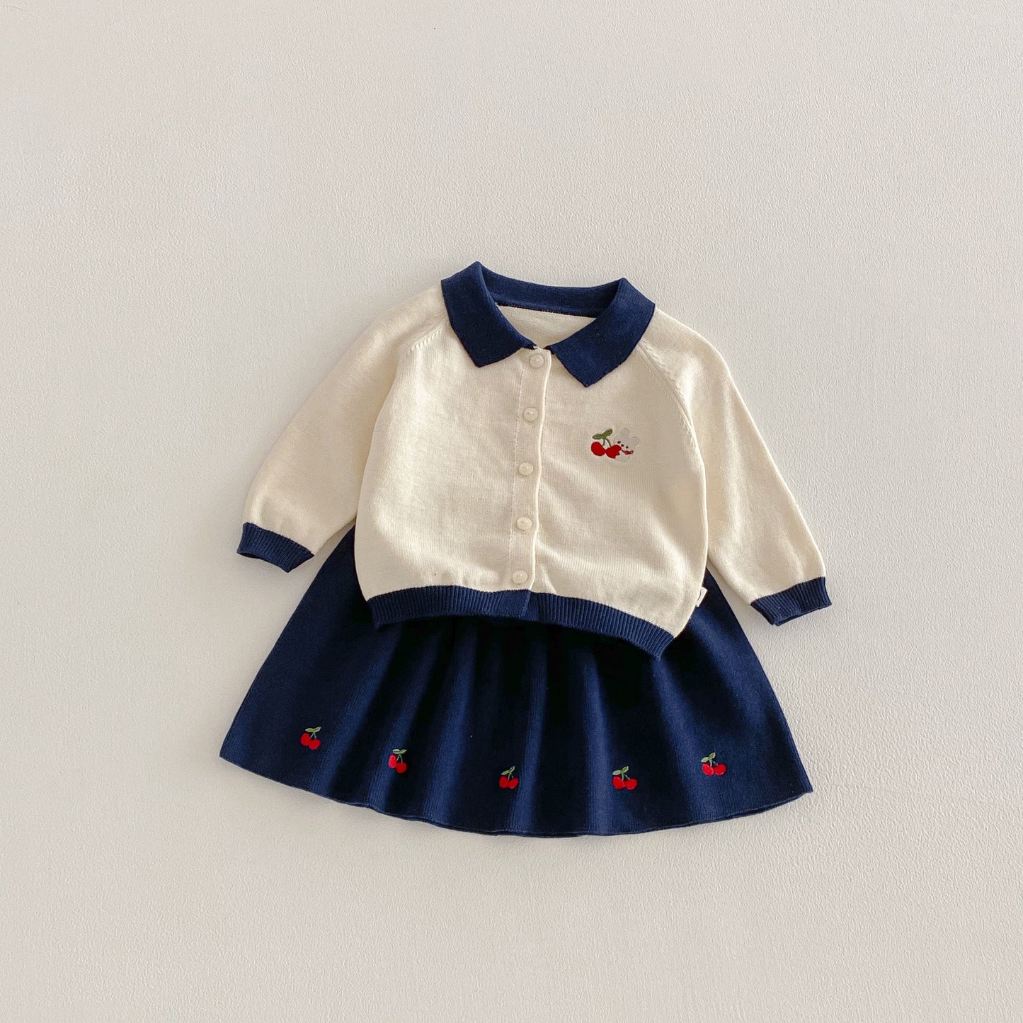 Preppy Style Spring Cherry Sweater Cardigan Skirt Two-piece Children's Suit