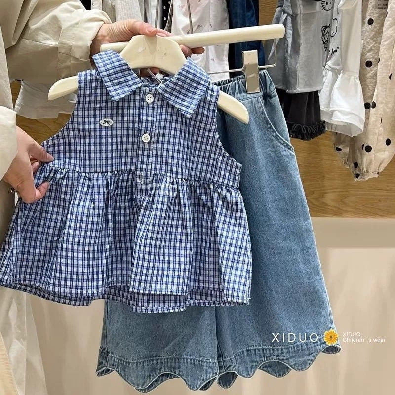 Children's Plaid Vest Versatile Thin Jeans Korean Children's Suit