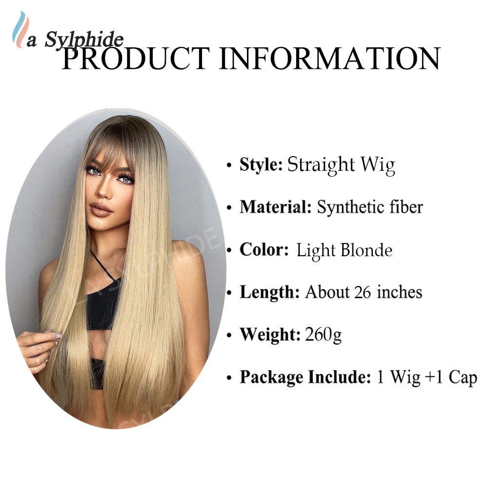 Female Air Bangs Brown Gradient Golden Long Straight Wig
