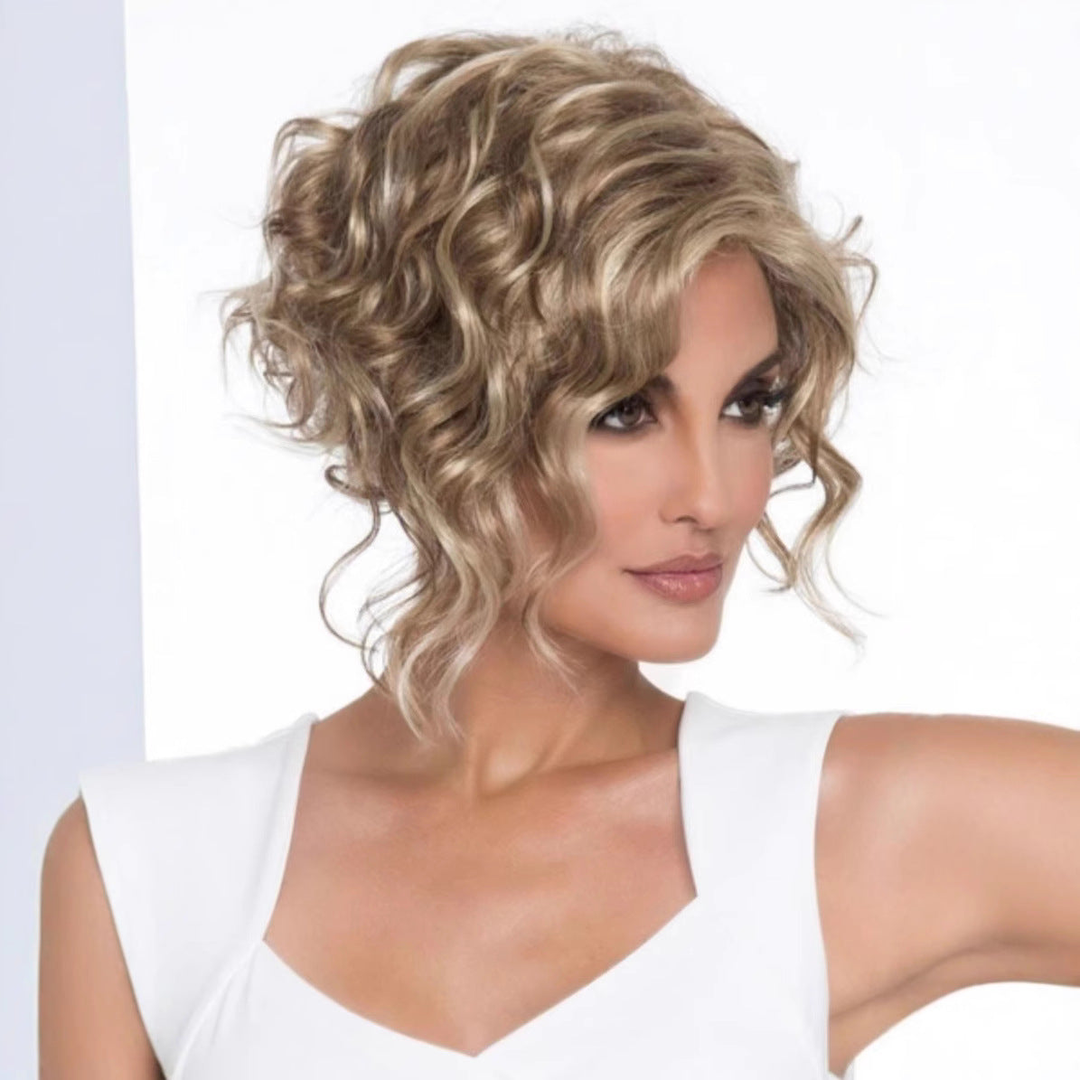 Women's Fiber Fashion Brown Mixed Golden Wig Short Curly Hair