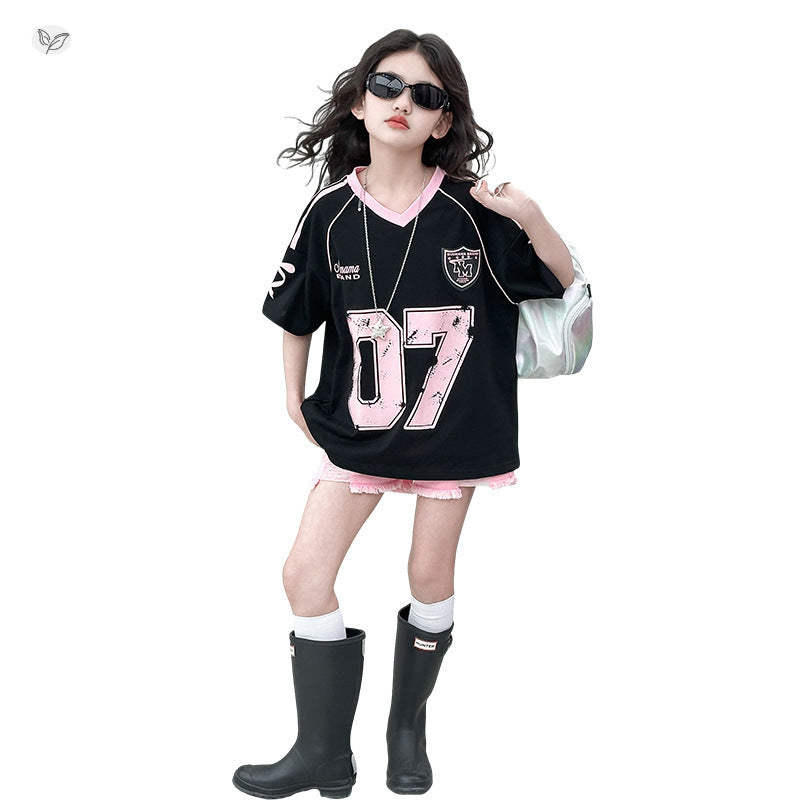 Children's Sweet Hot Summer Letter Short Sleeve Medium Big American Children's T-shirt