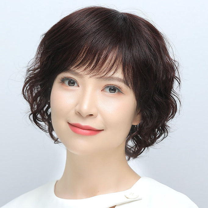Women's Human Small Curls Natural Mother Style Full Top Short Real Hair Wig