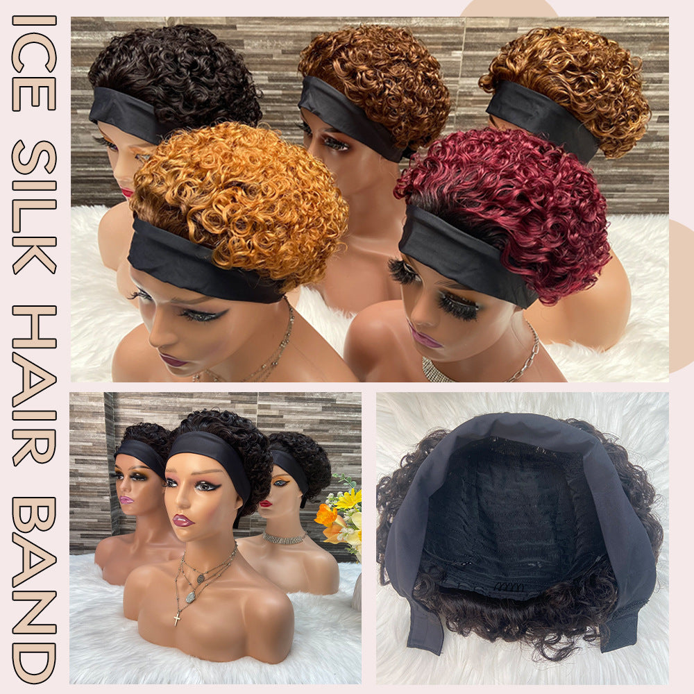 Colorful Real Human Ice Silk Band Wig Short Curly Hair