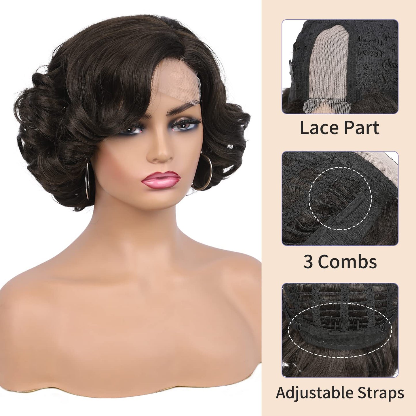Women's Front Lace Side Roll Loose Wavy Headgear Wig Short Curly Hair