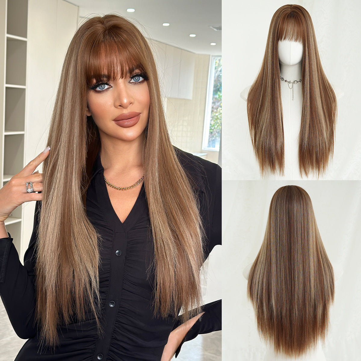 High Quality Super Hair Female Bangs Daily Black Long Straight Wig