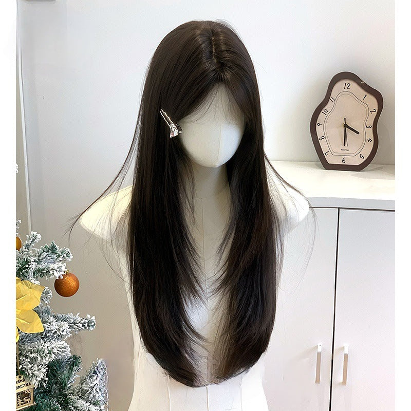 Confession Balloon Female Hair Mid-point Dark Brown Daily Long Straight Wig