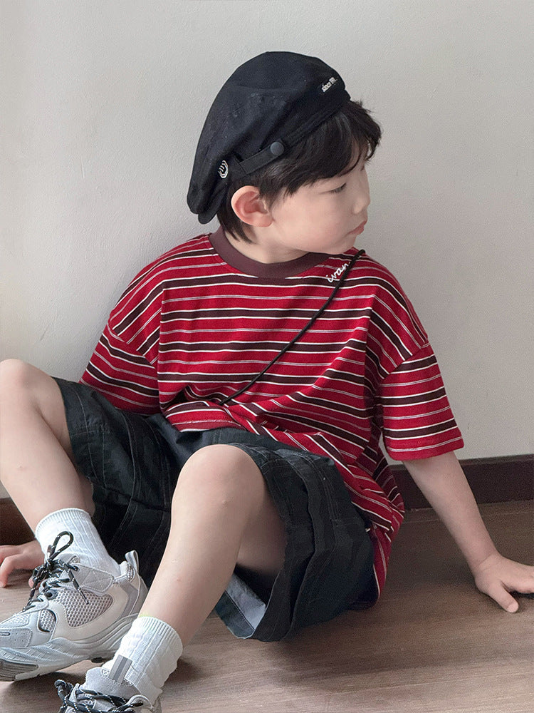 Children's Korean Style Versatile Medium Large Striped Short-sleeved Clothing Boys Trendy Children's T-shirt