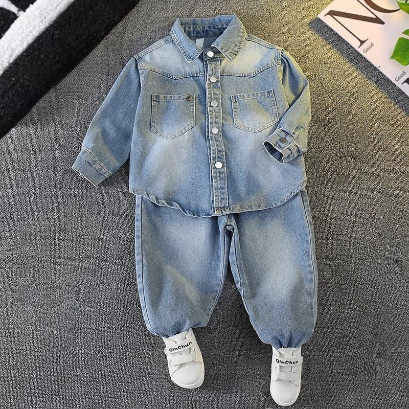 Men's & Children's Denim Spring Autumn Clothing Coat Small Two-piece Children's Suit