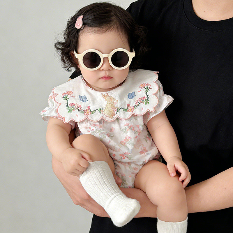 Butterfly Flower Embroidery Jumpsuit Home Comfortable Breathable Short Sleeve Triangle Jumpsuit, Climbing Suit