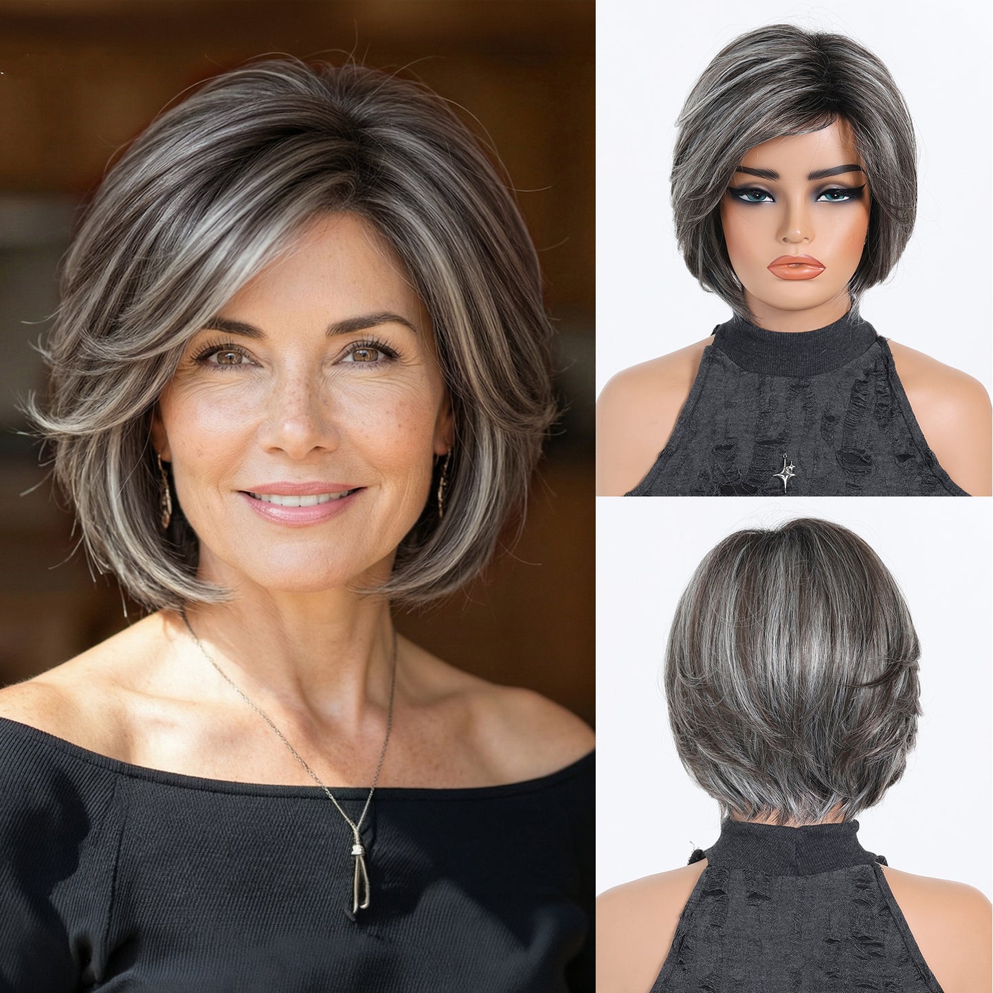 Dark Gray Oblique Daily Natural Fiber Versatile Wig Short Straight Hair