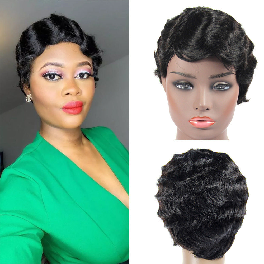 Female Short Curly Water Ripple Human Head Real Hair Wig