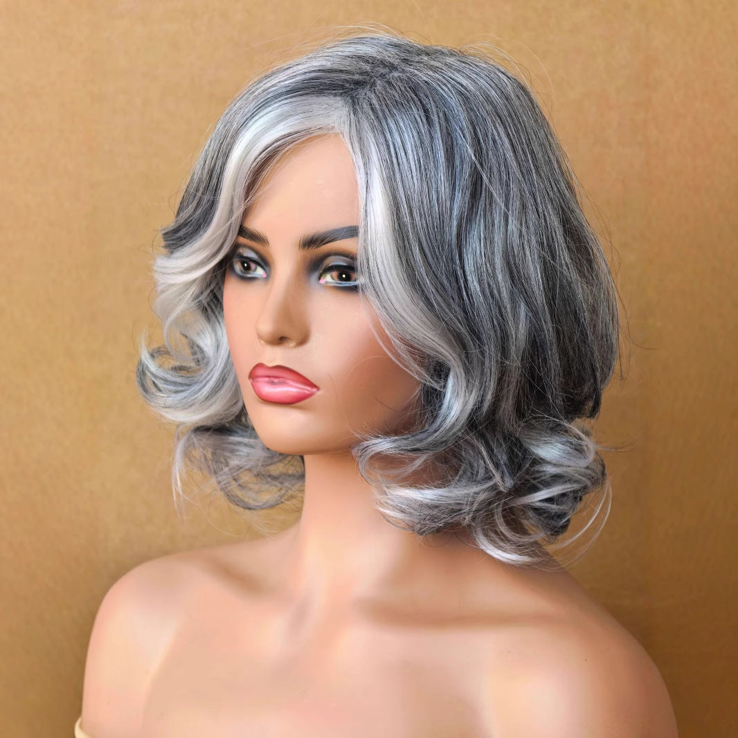 Women's Curly Gray White Short Hair Fluffy Partial Length Bangs Synthetic Wig Long Curls