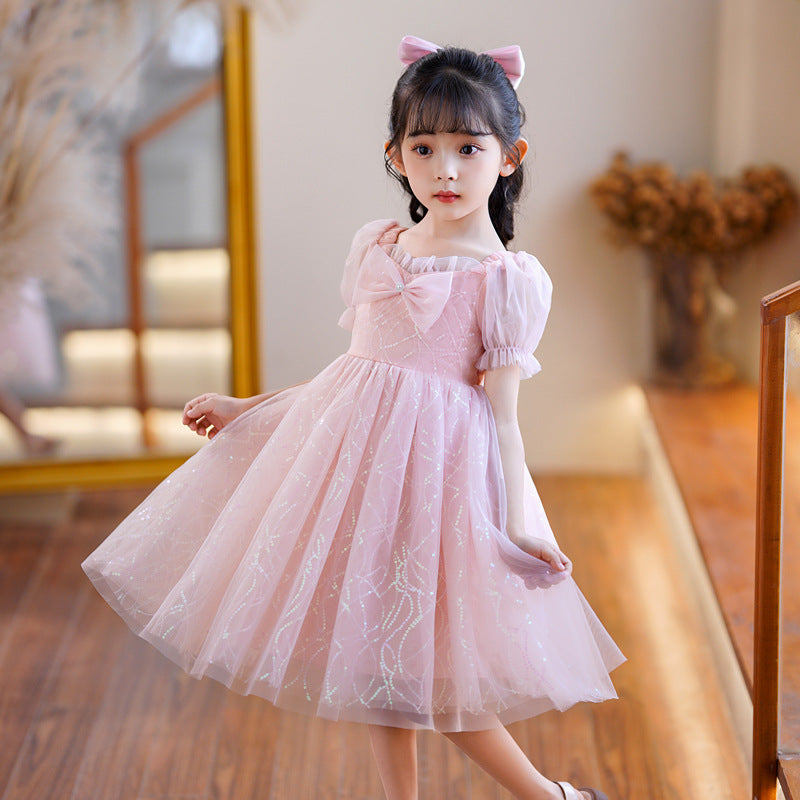 Children's Summer Puff Short Sleeve Bow Princess White Sequin Embroidery Day Children's Dress