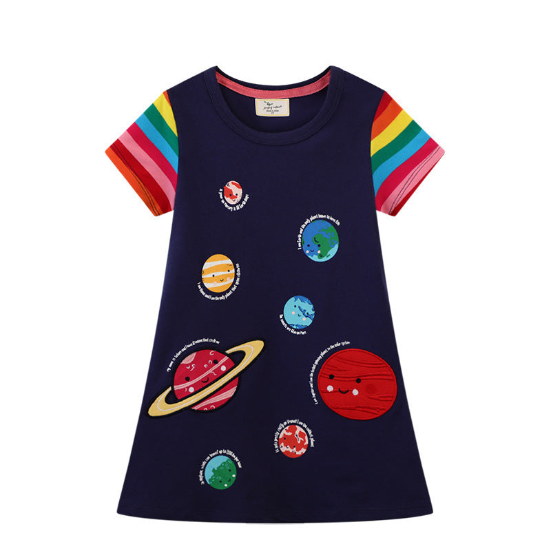 Space Planet Pattern Plaid Knitted Summer Shirt Children's Dress