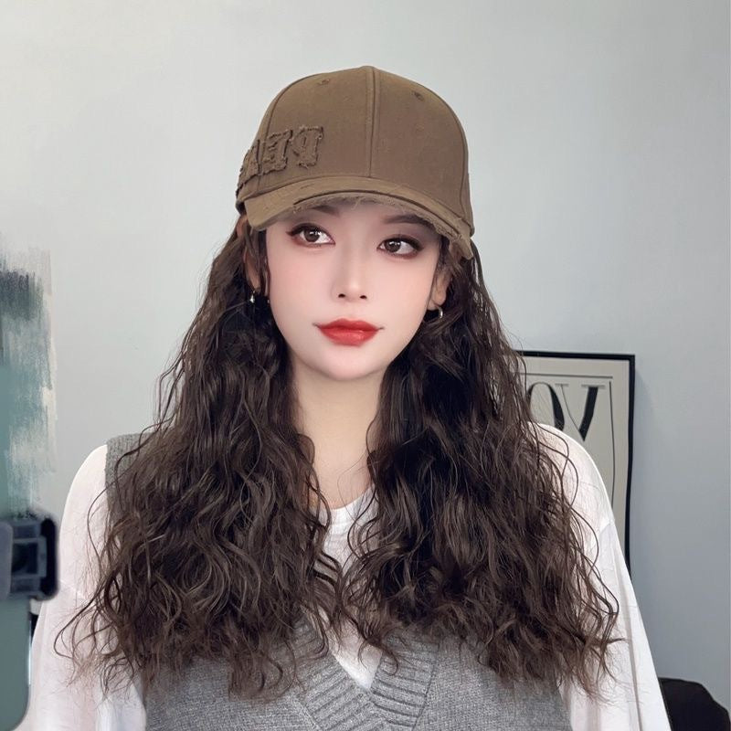 Side Seam Label Peaked Cap Baseball Integrated Trend Hat Wig Long Curls