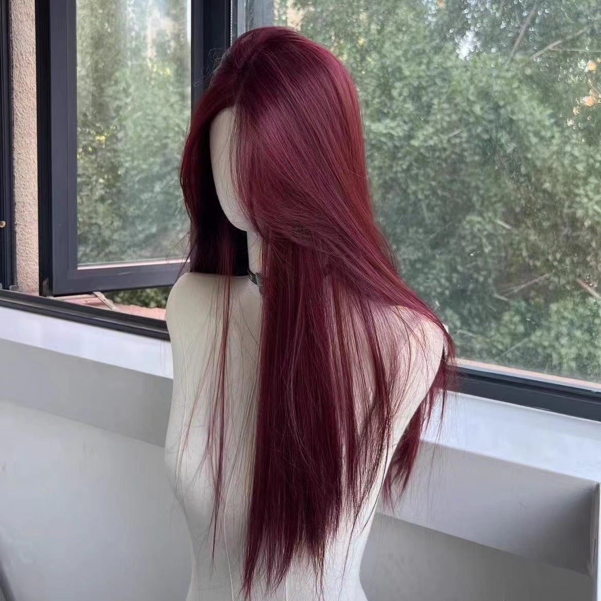 Forehead Lace Raspberry Red Mid-length French Female Long Straight Wig