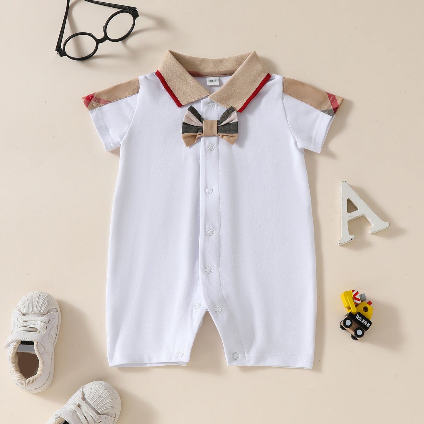 Babies Summer Jumpsuit Lapel Short Sleeve Solid Color Jumpsuit, Climbing Suit