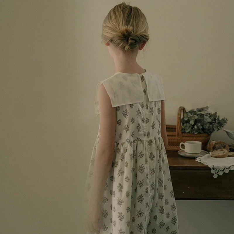 Lace Square-cut Collar Floral Sleeveless Vest Skirt Summer Children's Dress