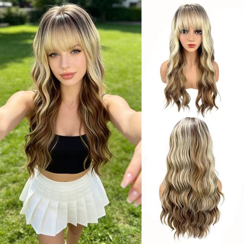 Women's Curly Hair Bangs Realistic Natural Fiber Wig Long Curls