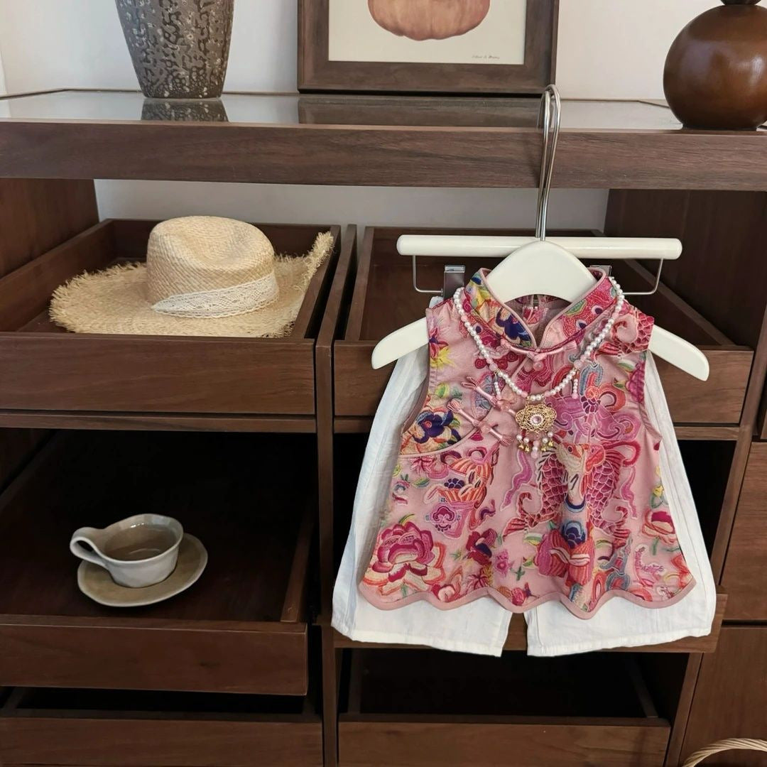 Drunk Peach Blossom Chinese Style National Pink Jacquard Cheongsam Pants Children's Suit