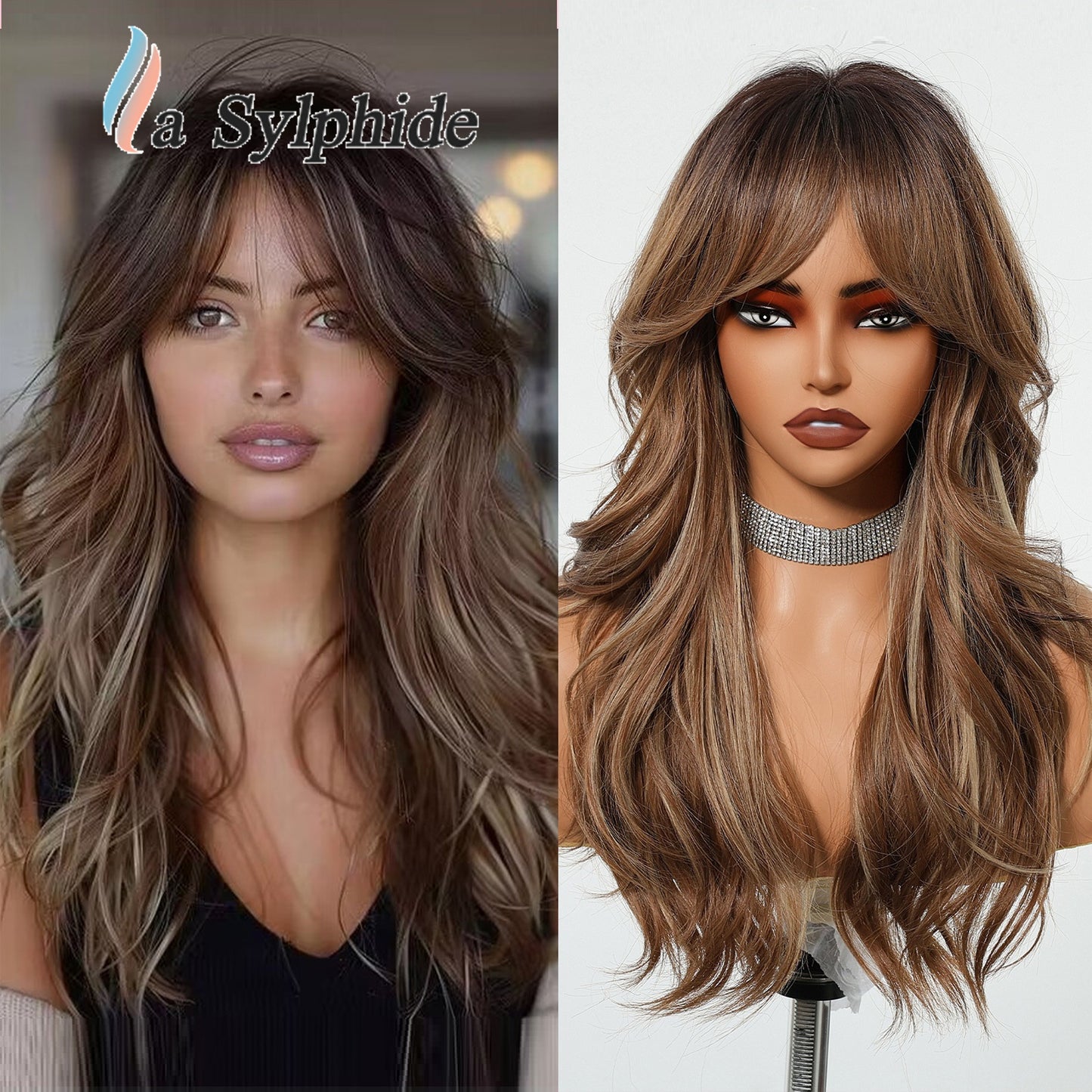Live Broadcast Brown Golden Gradient Rose Net Mechanism Bangs Fashion Wig Long Curls